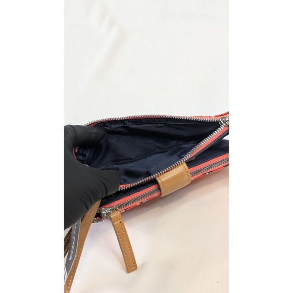 Nautica double zip wristlet nylon pleated orange red floral tan trim silver NWT - Picture 6 of 9